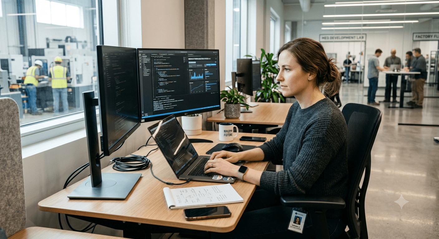 Software engineer writing manufacturing execution system code on a dual monitor setup in an MES development lab beside the factory floor