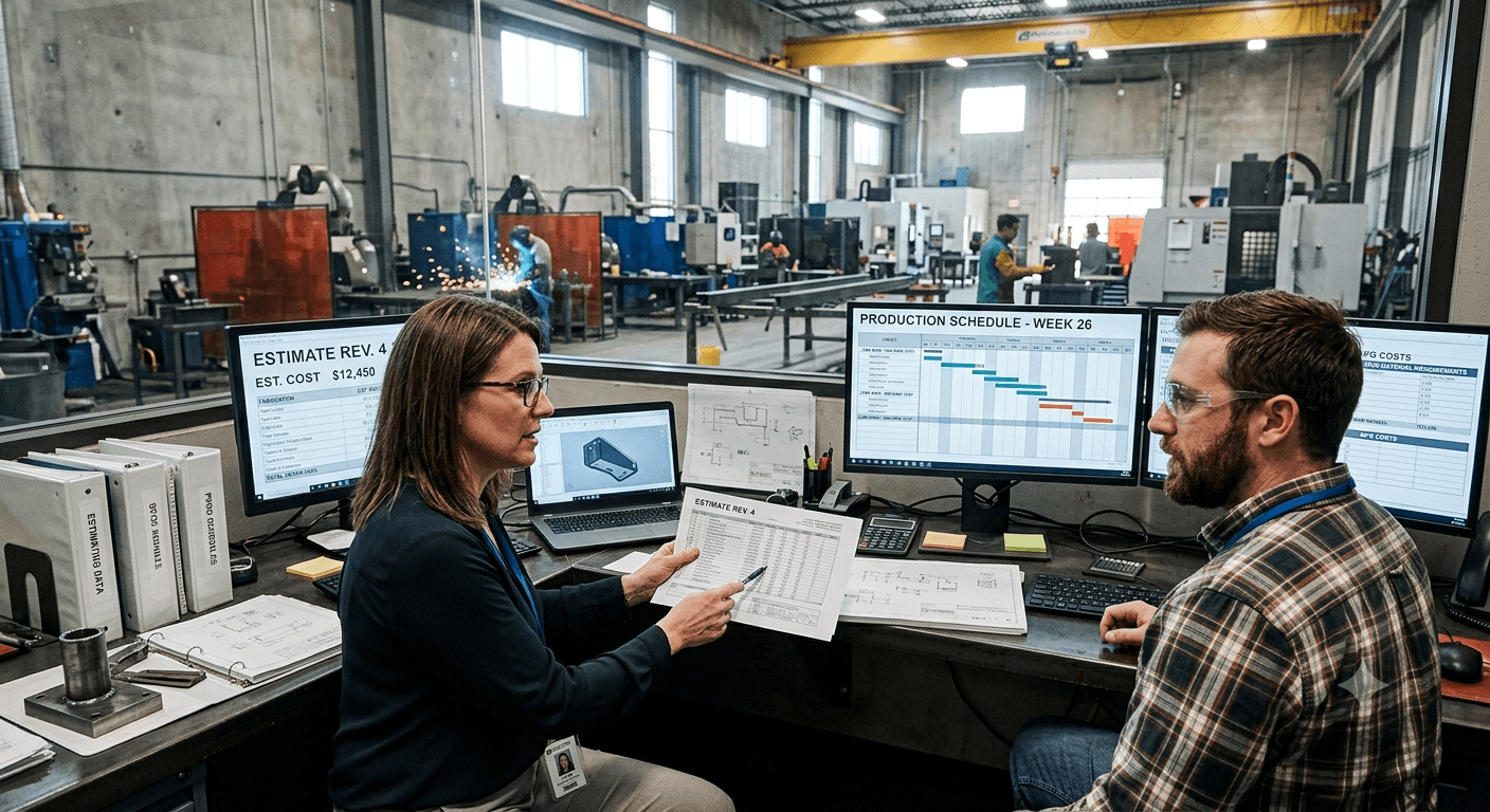 Estimator and planner comparing a printed cost estimate revision against monitors showing an estimate breakdown and a weekly production schedule, with the machine shop behind them