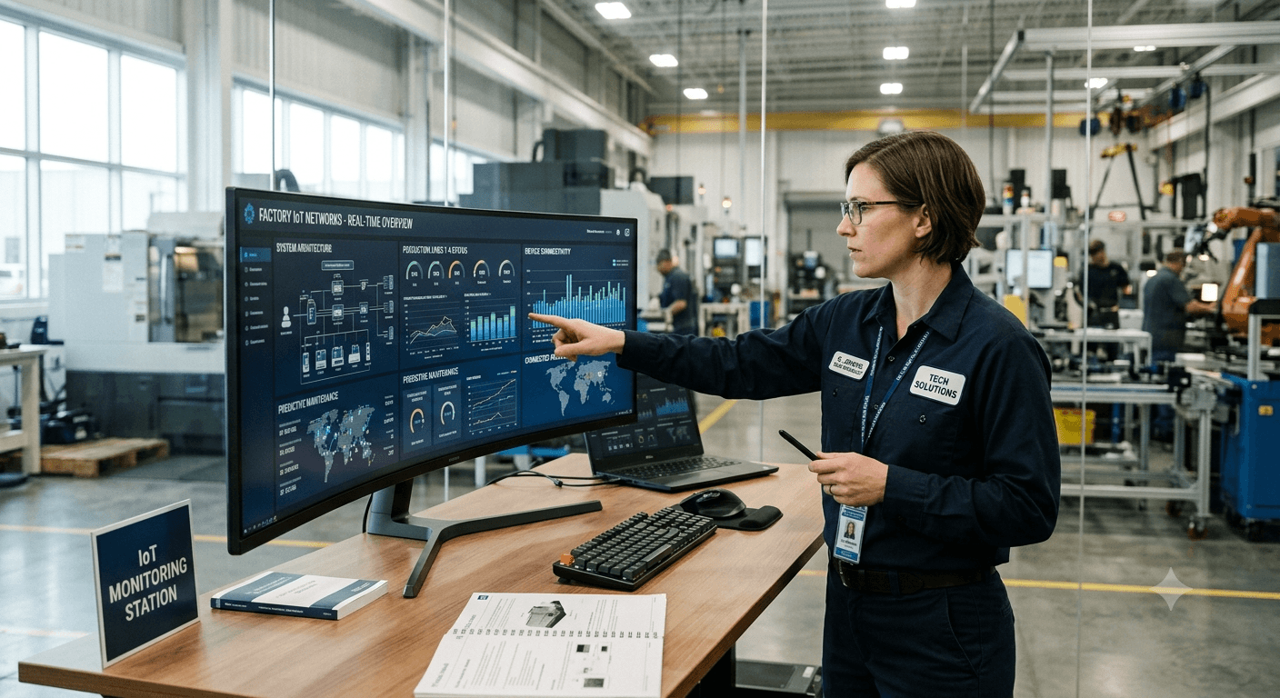 Planner pointing at a wide factory monitoring dashboard showing production line status, predictive maintenance and capacity charts at an IoT monitoring station