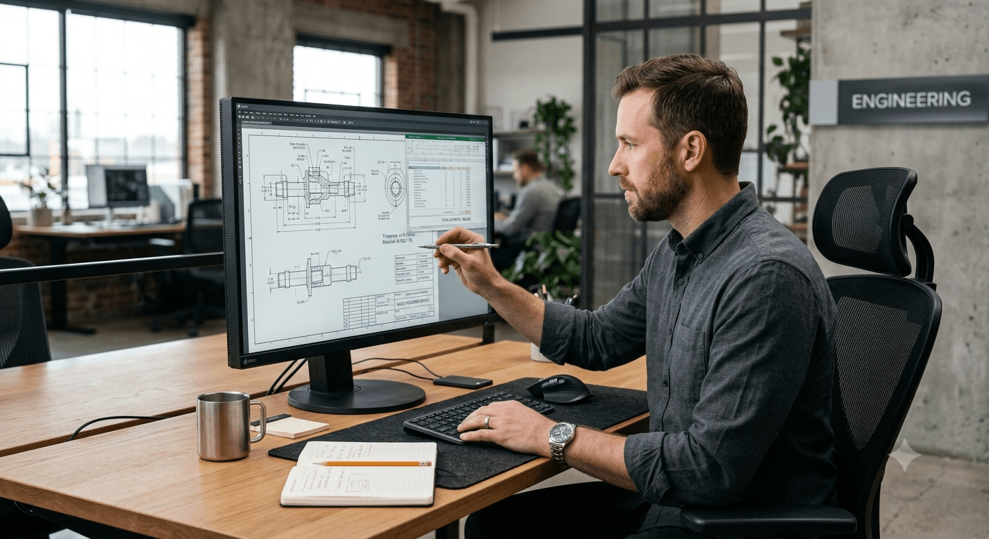 Engineer at an office desk reviewing a dimensioned part drawing beside a cost estimate table on a large monitor
