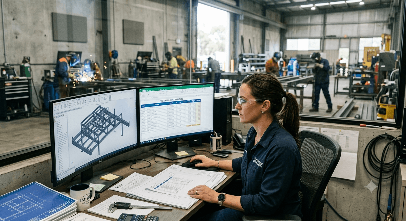 Estimator at a shop-floor workstation reviewing a steel frame CAD model and an RFQ cost estimate on two monitors, with welders working in the fabrication bay behind her