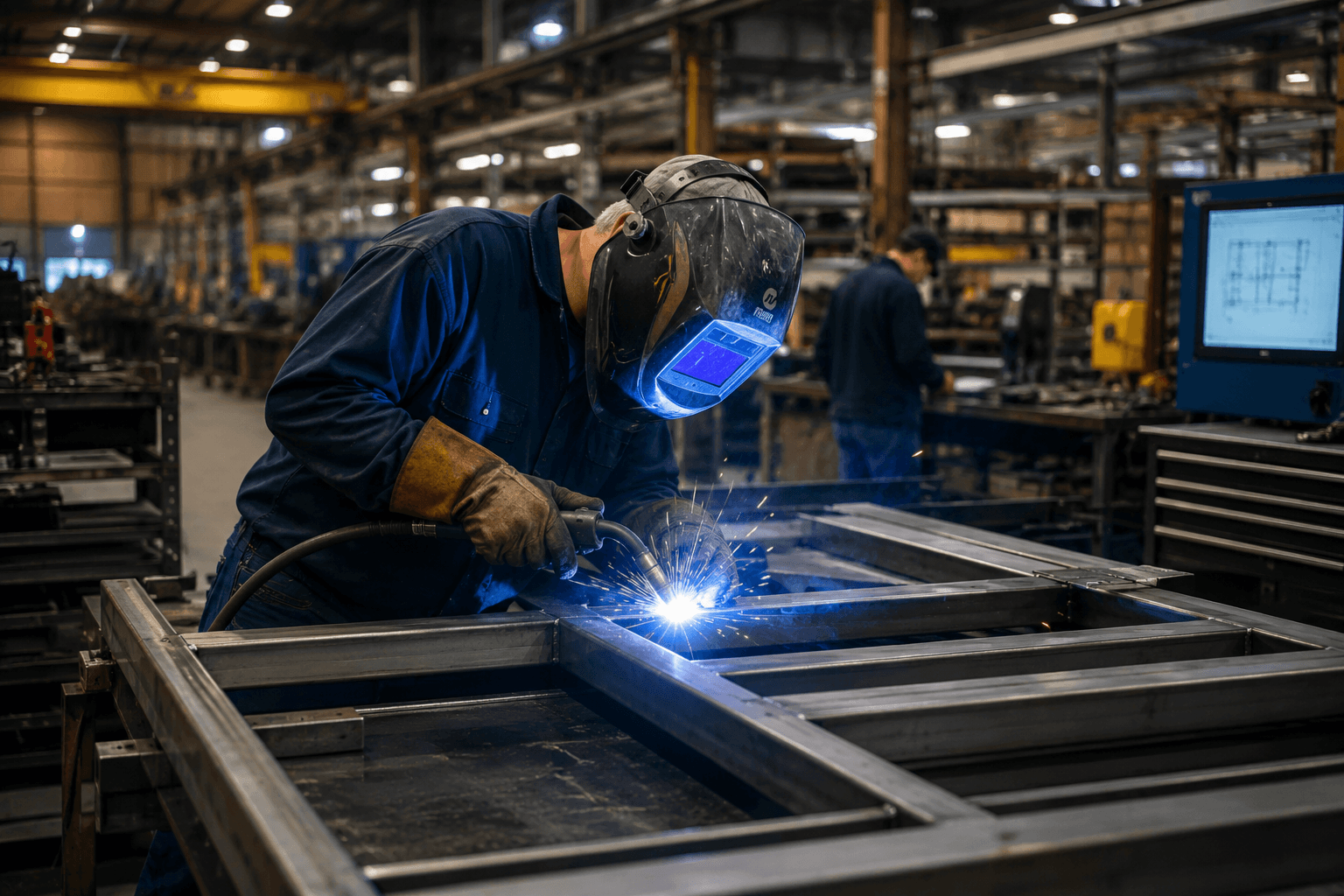 Welder in a helmet MIG welding a steel frame assembly on the shop floor, with a drawing displayed on a machine terminal nearby