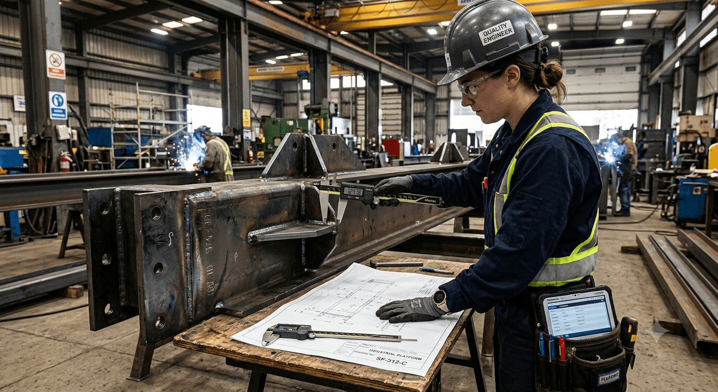 Quality engineer measuring a welded steel beam with a digital caliper against a fabrication drawing, tablet with inspection records on her belt