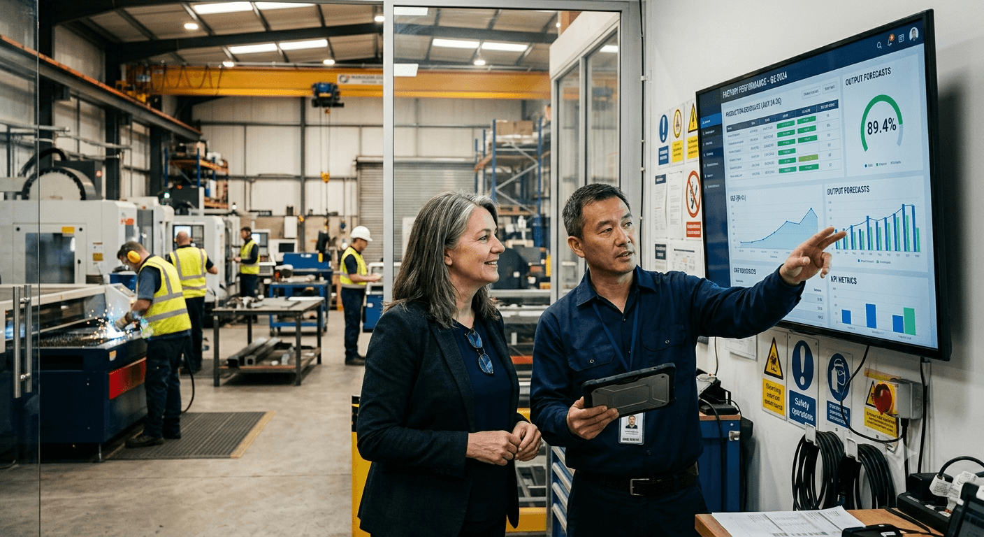 Two managers reviewing a wall-mounted factory performance dashboard showing output forecasts and OEE metrics, with the machining floor visible through the glass behind them