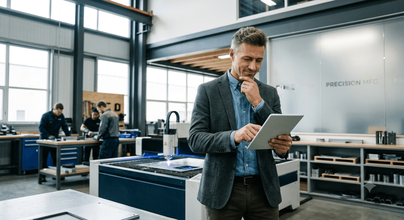 Operations director reading a tablet on the factory floor beside a laser cutting machine while machinists work at benches behind him