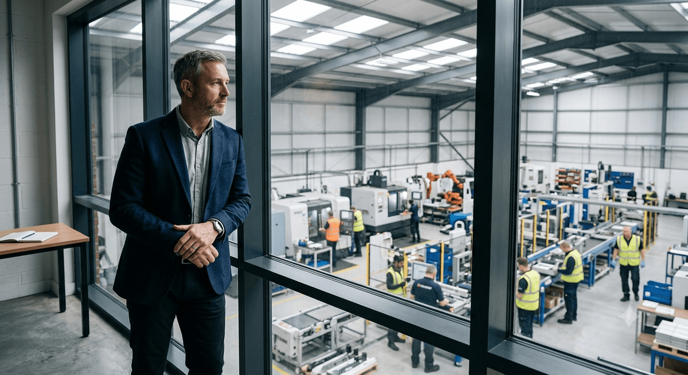 Director looking out from a mezzanine office window over a production hall of CNC machines, robots, and assembly lines