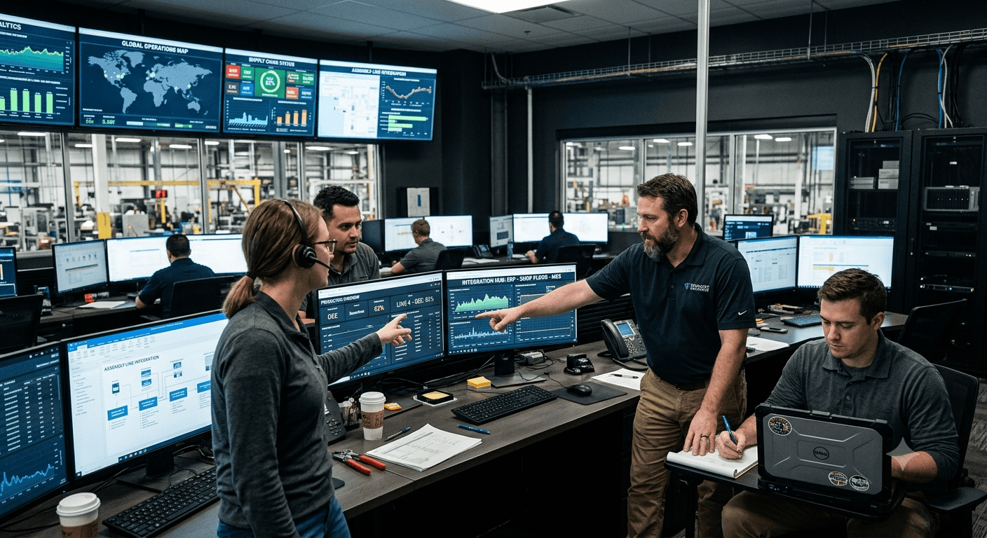 Integration team in a plant control room discussing an ERP to shop floor to MES integration dashboard, surrounded by screens showing a global operations map and supply chain status