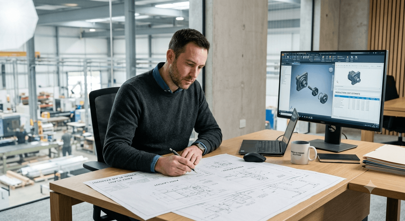 Integration engineer marking up a printed assembly layout at a desk, with a CAD model and production cost estimate open on the monitor and the factory visible through the glass