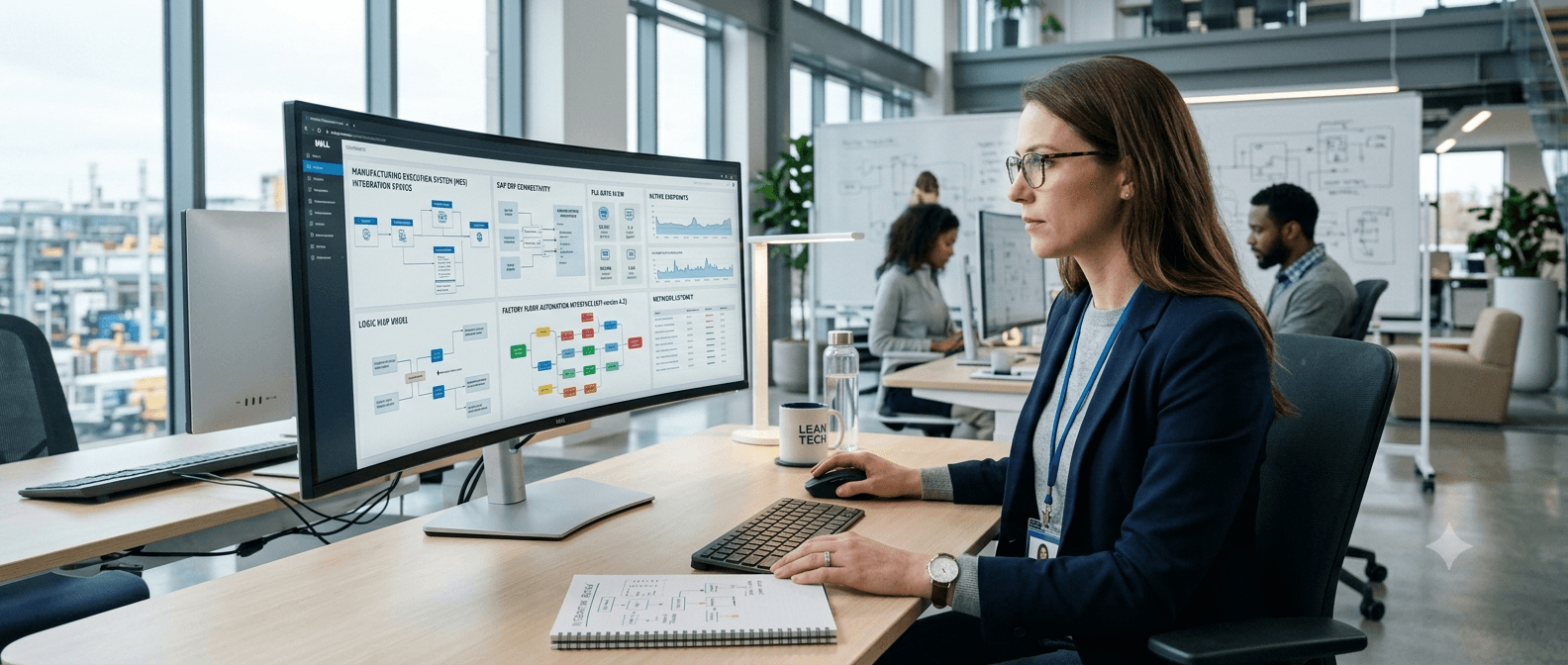 Systems architect reviewing an MES integration diagram on a curved monitor showing SAP connectivity, PLC data flow and active endpoints, colleagues at a whiteboard behind her
