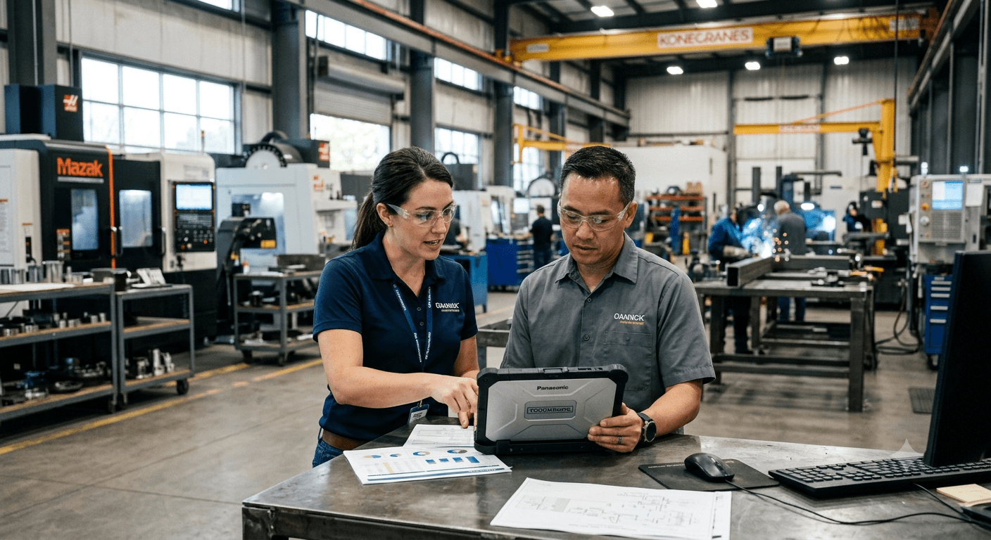 A production planner and a machinist reviewing job data together on a rugged tablet at a workbench, with CNC machines and a fabrication bay behind them